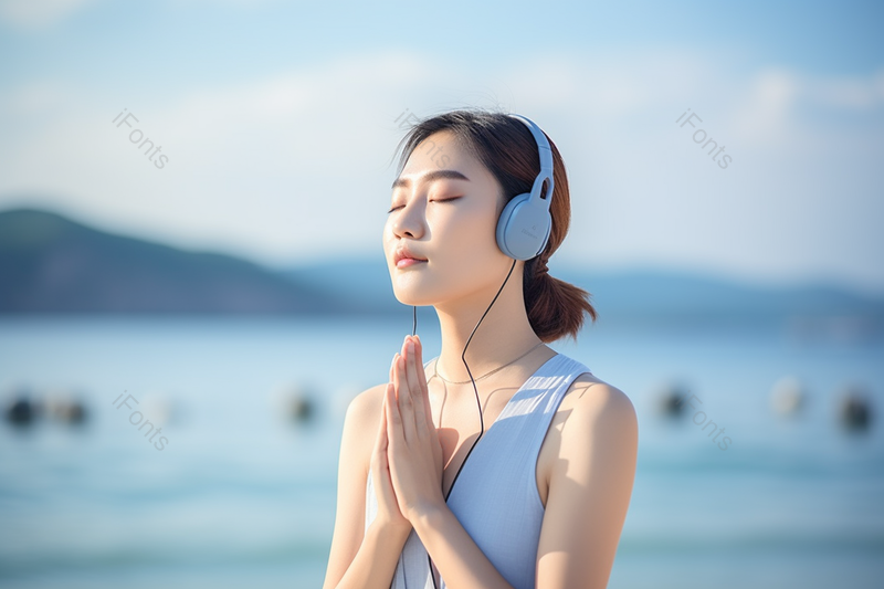 海边夏日美女运动戴着耳机双手合十听歌听音乐的女人女性人物图像摄影,高清,摄影图,摄影图片,图片大全,摄影图免费下载